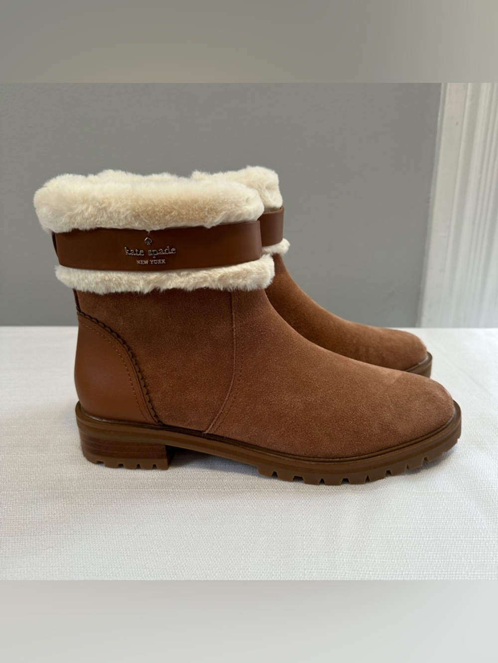 Kate Spade Bailee Winter Boots Womens 9 Brown Sueded Faux Fur Lined Booties